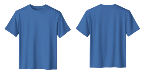 Two blank blue t shirts mockup, front and back view, isolated on transparent background. Design template for print, brand visual identity, clothing advertisement. Unisex short sleeve t shirt mock up.