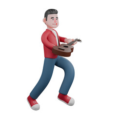 3D Vocal Artist Character. A male singer walks holding a guitar in both hands with a happy expression. Entertainment Star