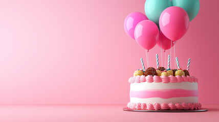 Delightful Birthday Cake Adorned with Colorful Sweets and Vibrant Balloons for a Perfect Celebration