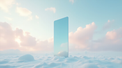 Surreal landscape featuring a large reflective mirror standing upright in a serene snowy environment The sky is filled with soft pastel clouds creating a dreamlike and tranquil atmosphere