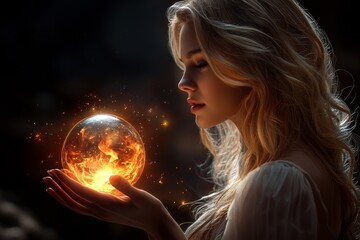 Naklejka premium A mystical woman holds a glowing orb, symbolizing magic and wonder in a dark background.