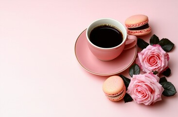 A pink cup of coffee beside macarons and roses on a soft pastel pink background.
