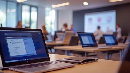 Workforce development: Training program for employees, laptops open and learning modules visible