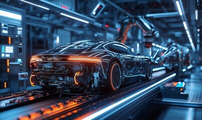 Fototapeta premium A sleek black sports car moves along an automated assembly line in a modern factory.