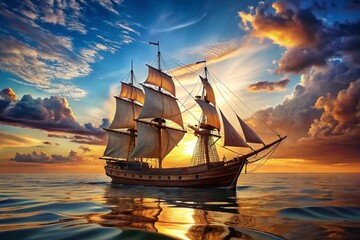 Obraz premium Beautiful Wooden Ship Illustration in Port - Nautical Scene for Maritime Lovers and Decor
