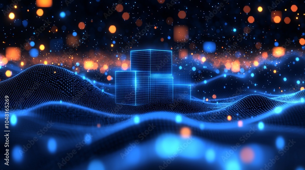 Poster abstract digital landscape with glowing blocks and waves, vibrant colors and particles creating a te