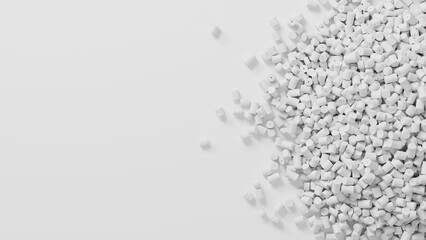 Closeup top view on white plastic polypropylene granules heap on white backdrop, masterbatch polymer grain pile. HDPE or PVC resin pellets. 3d render illustration