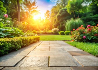 Obraz premium Blank Concrete Tile in Park on Sunny Morning - Relaxing Outdoor Garden Space