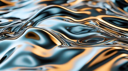 Metallic liquid surface with ripples reflecting abstract shapes and colors from its surroundings
