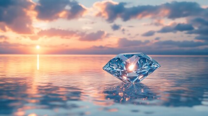 Fototapeta premium A sparkling diamond sits on the water, reflecting the golden hues of a sunset.