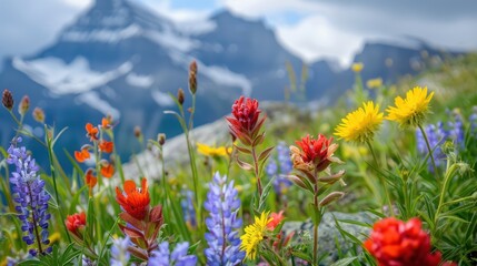Wildflowers in a Meadow with Mountains in the Background