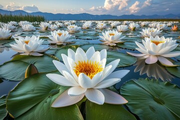 Beautiful white lotus flowers blooming on a serene water surface under a clear blue sky.