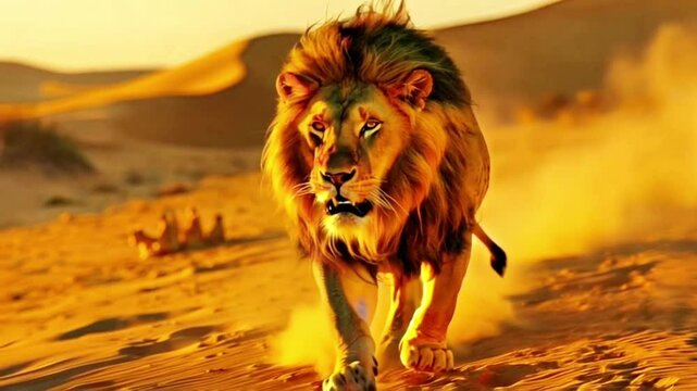 front view of a lion roaring and walking in the desert, long hair and fierce gaze, medium camera angle
