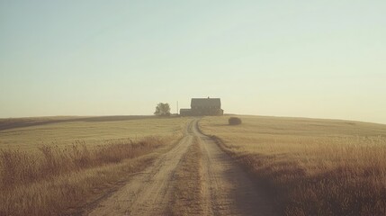 Dusty Road Leading to Distant House in Atmospheric Landscape