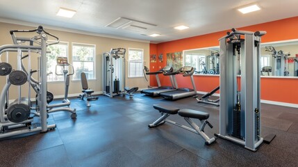 Fototapeta premium Bright and modern fitness center with a variety of sports equipment, from resistance bands to treadmills, all arranged in a spacious and minimalist layout.