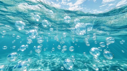 Abstract image of lots of bubbles floating in clear turquoise sea water. water. Ultra realistic. Photorealistic