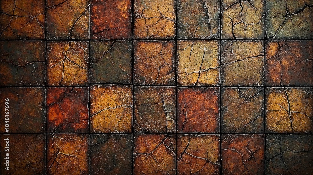 Poster close-up of a textured surface with orange and brown tiles, creating a rustic and artistic backgroun