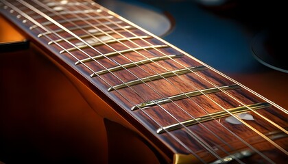 Obraz premium Close-up of a Guitar Neck with Fretboard and Strings view