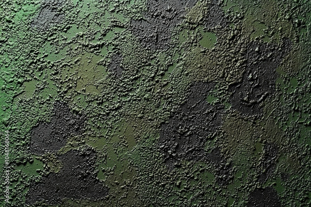 Poster close-up of textured green and black camouflage pattern on a rough surface.