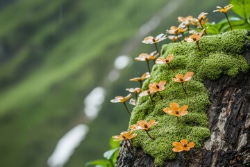 Close-up of vibrant orange flowers blooming on lush green moss in a natural setting.