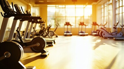 Fototapeta premium Contemporary gym filled with cardio and strength training machines, including stationary bikes and weight benches, in a spacious, bright environment.