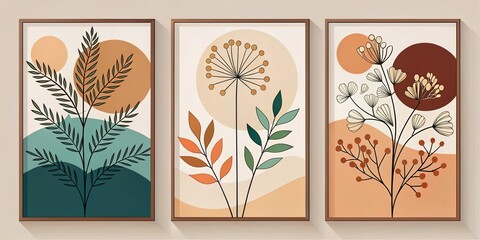 Botanical Wall Art: Silhouette Floral Illustrations with Abstract Shapes in Natural Colors for Modern Interior Decor