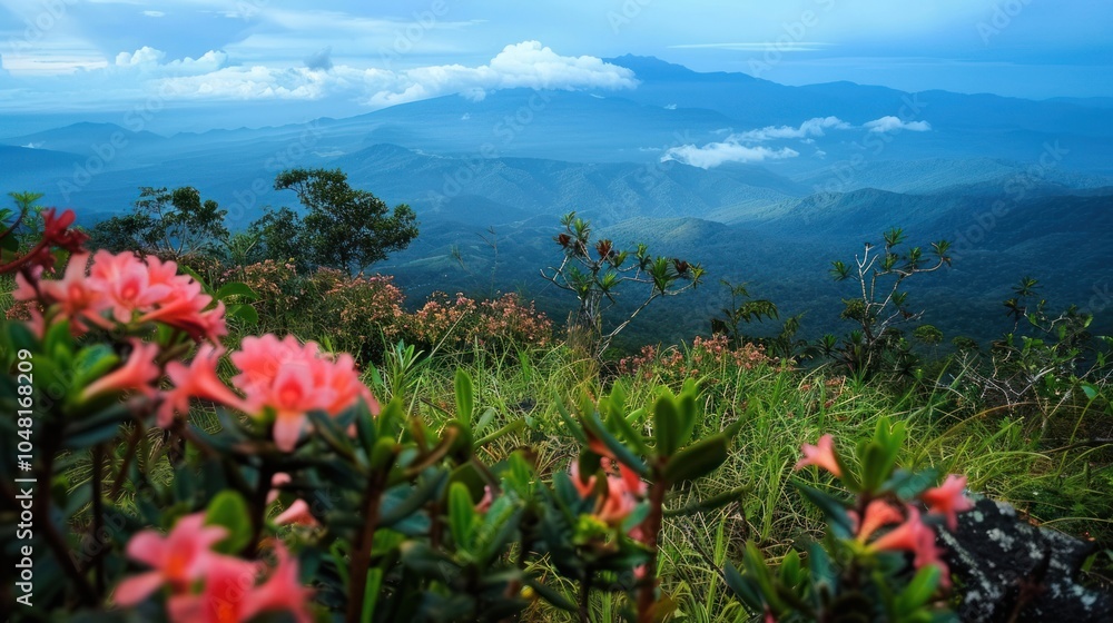 Wall mural pink flowers in foreground with mountains and clouds in background