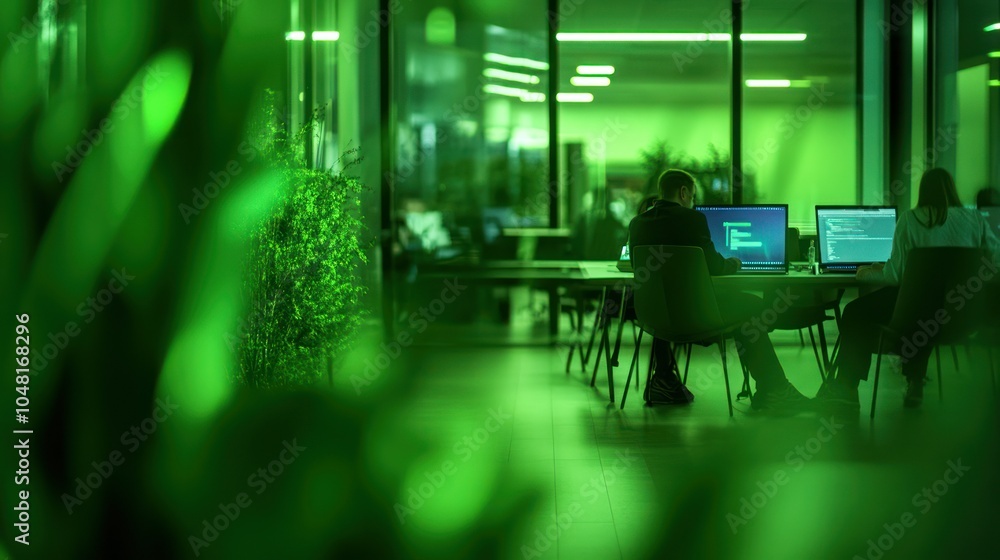 Poster two people silhouetted against a green screen working on computers