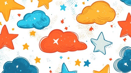 Colorful Hand Drawn Clouds and Stars Pattern Seamless Background Design
