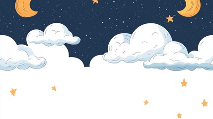 Cartoon Night Sky with Clouds  Stars  and Crescent Moon Illustration