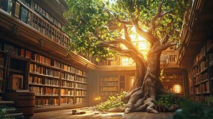 Obraz premium Tree of Knowledge in a Grand Library