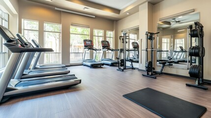 Fototapeta premium Cutting-edge fitness gym with treadmills, resistance machines, and weights, set in a modern, minimalist space designed for focused workouts.
