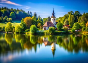 Breathtaking Panoramic View of Serene Lake and Majestic Church in Lush Landscape