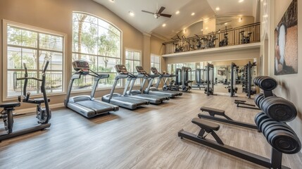 Fototapeta premium Luxury fitness center with sleek sports equipment, free weights, and resistance bands, illuminated by natural light from large windows.