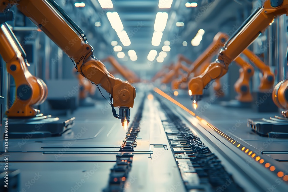 Poster ai controlled factory floor with robotic arms symbolizing efficiency and precision in manufacturing
