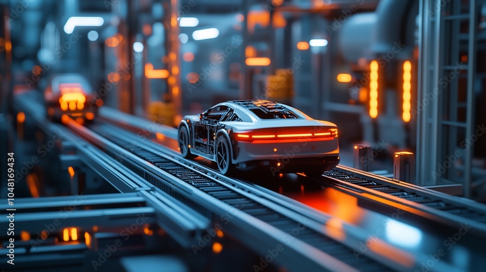Poster a white car moves down an assembly line in a futuristic factory.