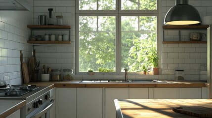 Minimalist kitchen design with white tile walls and wooden table, nature outside with green trees visible through the window.