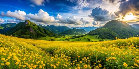Bright Yellow Thongurai Flowers in a Vibrant Panoramic Landscape, Nature's Beauty Unveiled