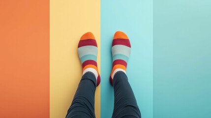 A person's feet are shown on a colorful background