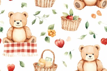 Teddy Bear Picnic Design, featuring playful teddy bears amidst a charming picnic setting, perfect for children's decor or fabric.
