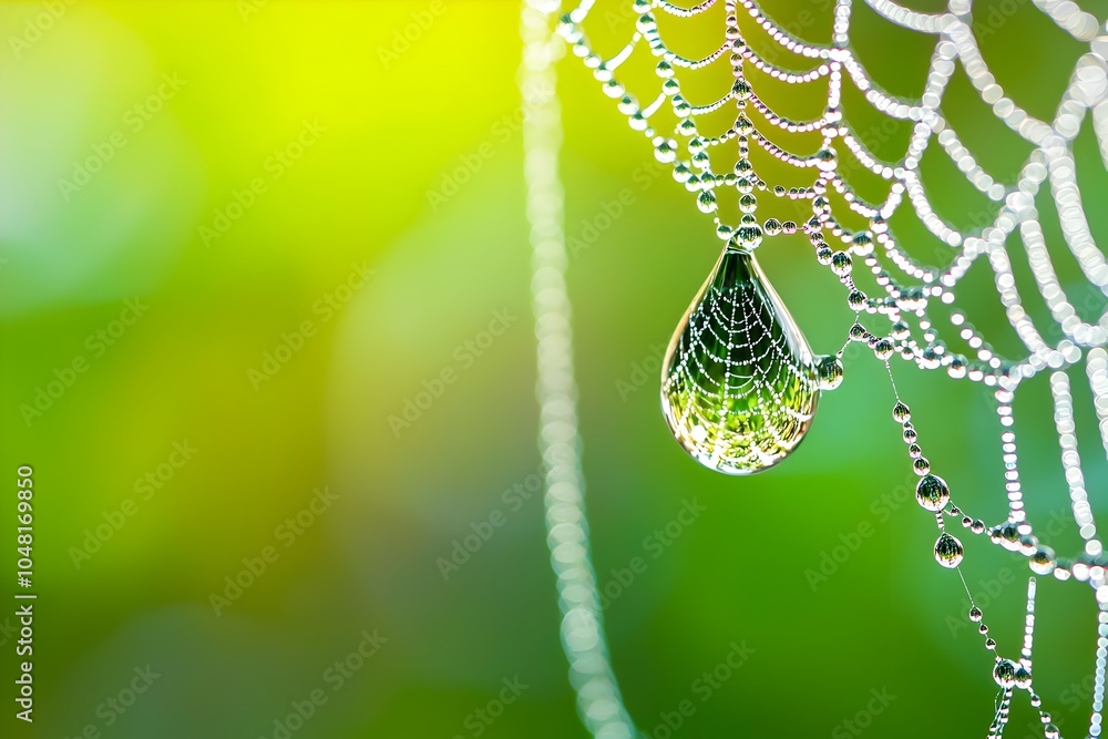 Poster dazzling water drop magnifying intricate spider web pattern in nature