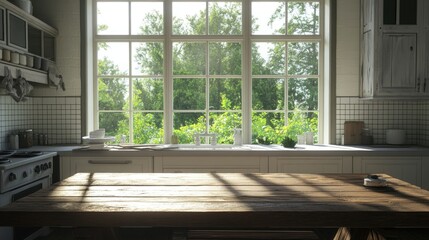 Rustic-style kitchen with white tile walls and a weathered wooden table, large windows offering a view of green trees.