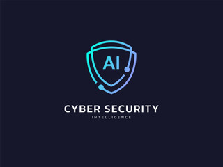 Cyber security intelligence data protection shield with letter AI in network lines vector logo design concept. Abstract shield security icon logotype symbol for ID protection, privacy solution, ui.