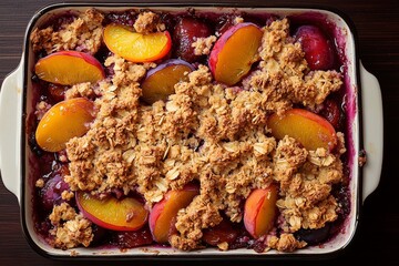 Delicious baked fruit crumble with peach slices and a golden oat topping on a rustic wooden table.
