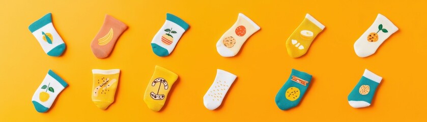 Fototapeta premium A row of colorful socks with various designs, including fruit and cookies