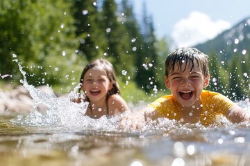 Fototapeta premium Children splashing in sunny river, joyful moment