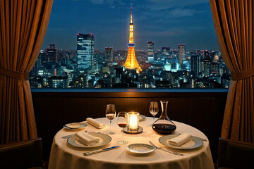 夜景の東京タワーが見えるレストラン