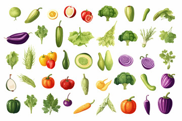  Set of fruits and vegetables on white background