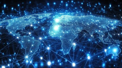 A digital illustration of the world map with glowing lines connecting cities and continents, symbolizing global connection and network.