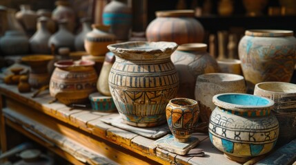 Ancient Egyptian Pottery Collection on Wooden Shelf